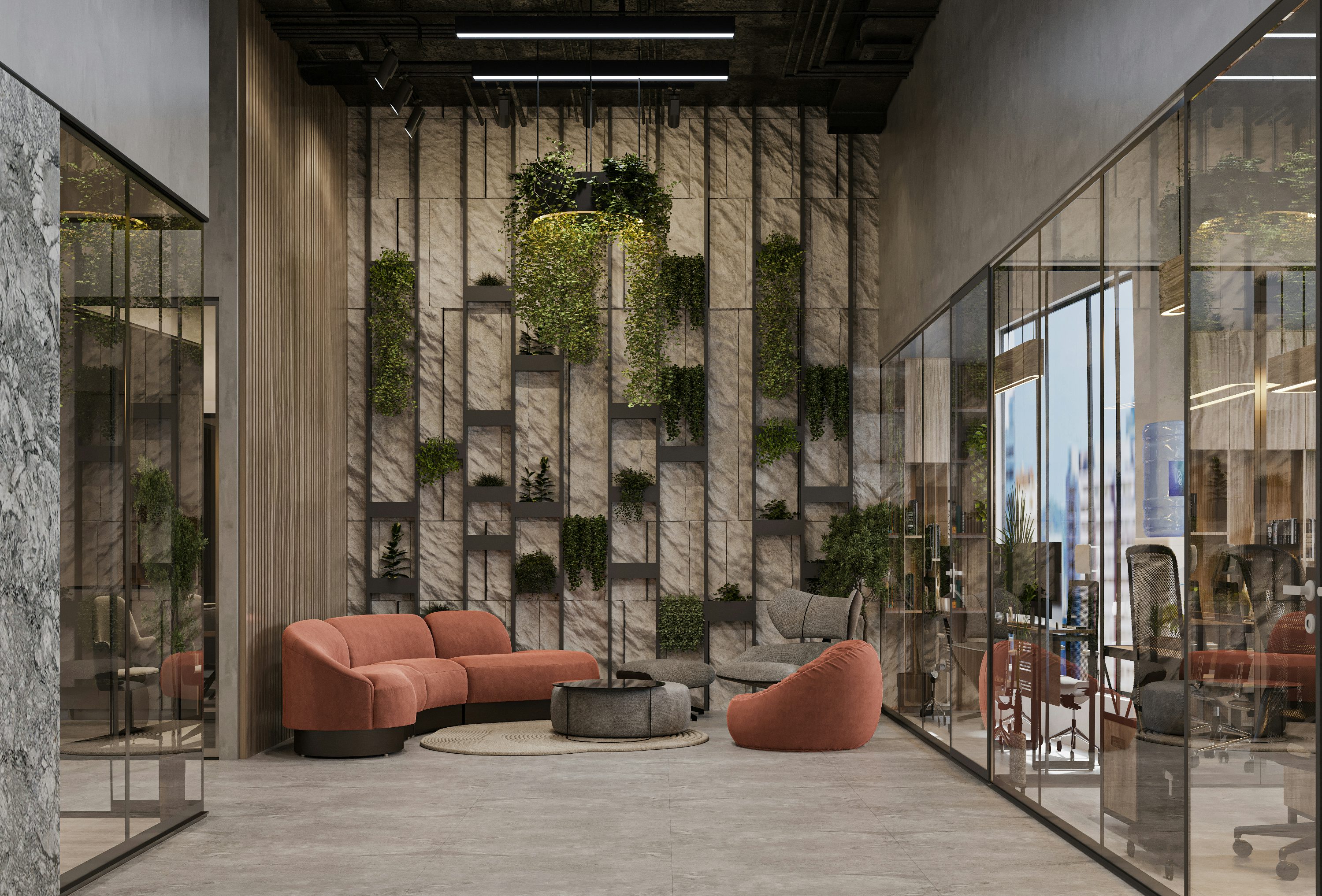 Recepção de escritório contemporâneo com poltronas e vegetação interna.