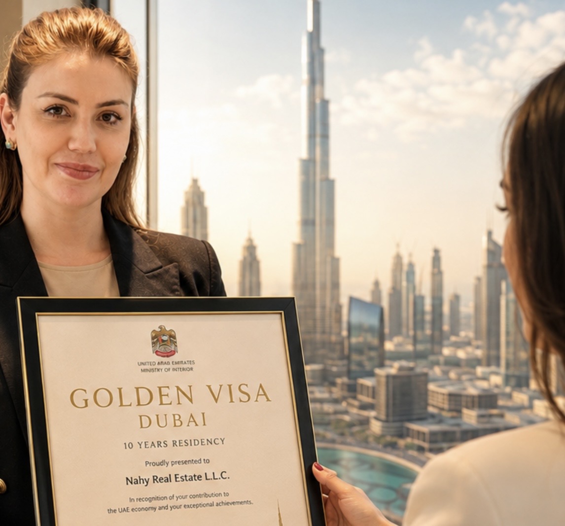 Mariane Nunes, empresária brasileira em Dubai, segurando certificado Golden Visa diante do Burj Khalifa