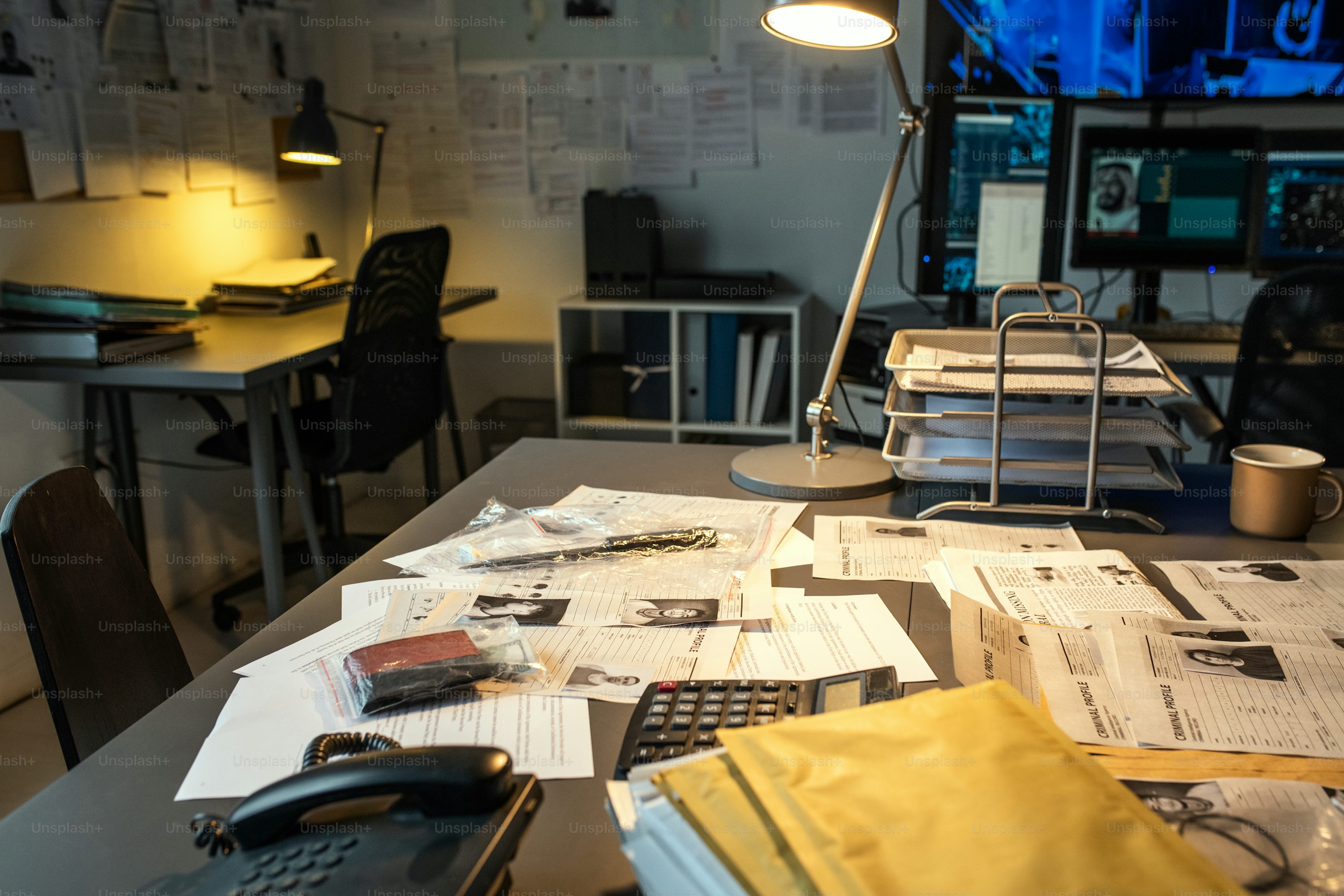 Mesa de trabalho com documentos, luminária e materiais organizados.