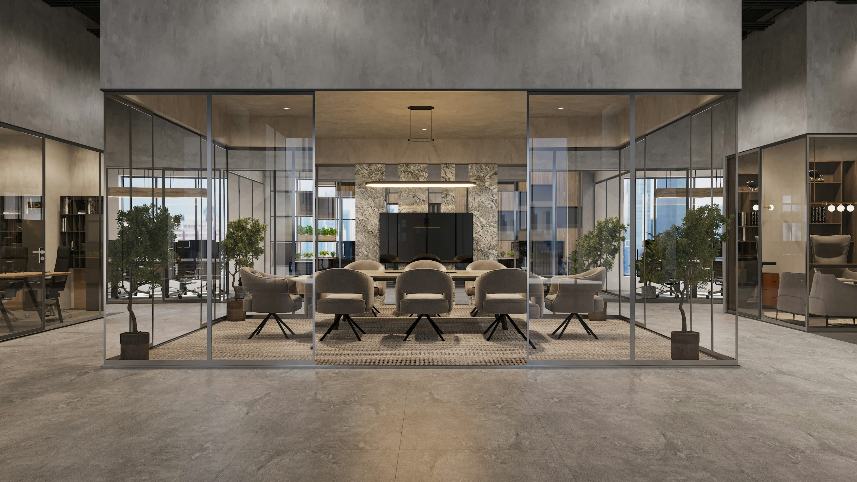 Espaço corporativo amplo com mesas, cadeiras e luz natural.