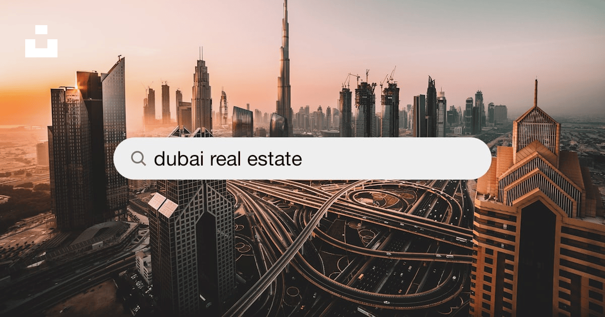 Horizonte urbano de Dubai ao entardecer visto de uma altura elevada.