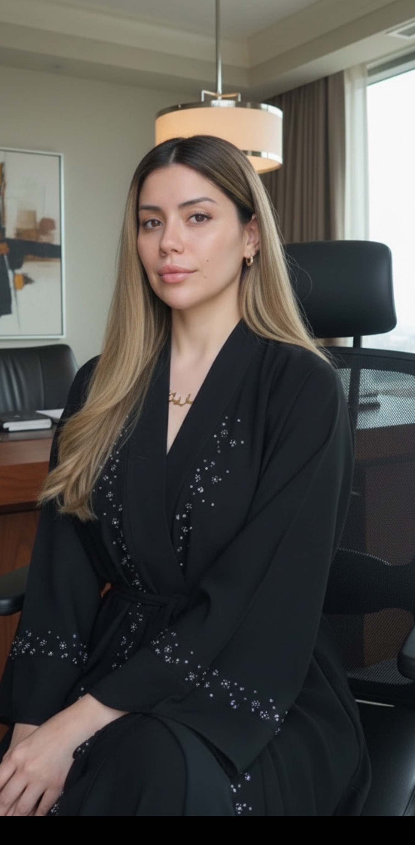 Mariane Nunes, empresária brasileira em Dubai, em retrato no escritório