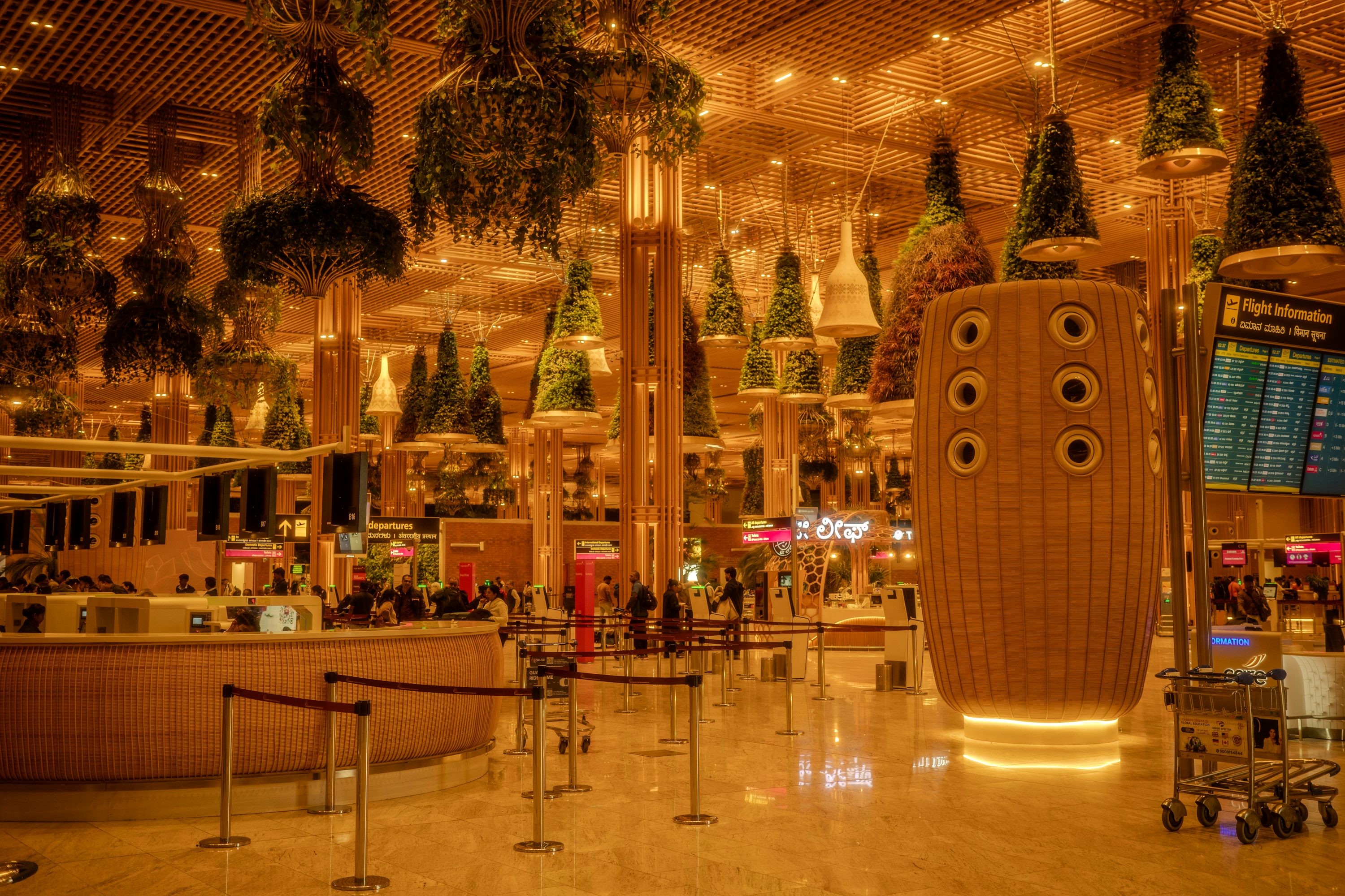 Saguão contemporâneo de aeroporto com plantas e painéis de madeira.